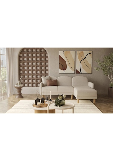 Bohem Köşe Takımı, İskandinav L Koltuk, Modern Köşe Koltuk, Uzanmalı, Yataklı Sandıklı Krem