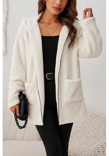 Kadın Uzun Kollu Kapşonlu Önden Fermuarlı Cepli Welsoft Ceket Bej