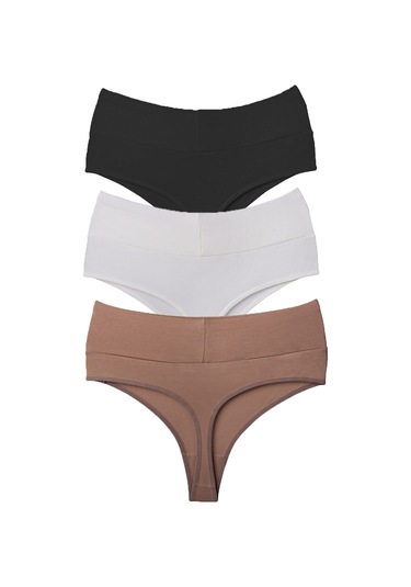 Vanilya Tanga Yüksek Bel Toparlayıcı Pamuk 3'lü Paket Siyah - Beyaz - Taş Rengi
