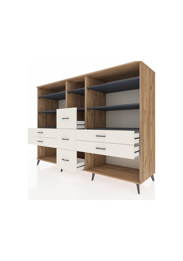 Kronos Dolap 8 Raflı 7 Çekmeceli 220x59x163 Çam-antrasit/aytaşı Çam-antrasit/aytaşı