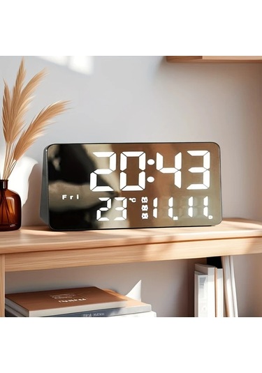 Willowhaven Siyah Beyaz Işık Usb Aynalı Led Dijital Saat - Dokunmatik Ses Kontrollü Beyaz Işıklı Siyah