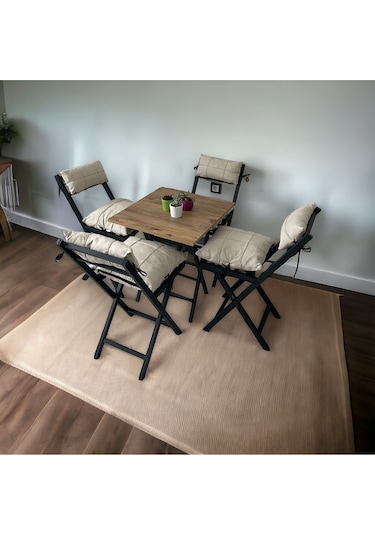 Modern Style Home Minderli Balkon Bahçe Mutfak Bistro Set Katlanır 4+1 Masa-sandalye Krem