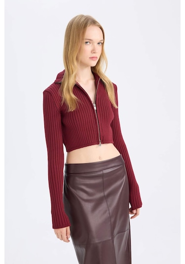 Defacto Coool Yarım Balıkçı Yaka Fermuarlı Triko Hırka B2558AX24AUBR415 Bordo
