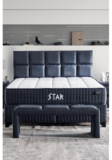 Star Yatak Seti 100x200 Cm Tek Kişilik Yaylı Sert Ortopedik Yatak Antrasit Lüks Baza Başlık Takımı 100 x 200