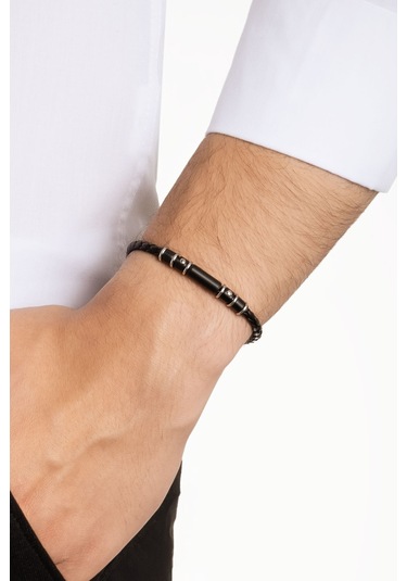 Örgü Detaylı Vegan Deri Erkek Çelik Bileklik Siyah