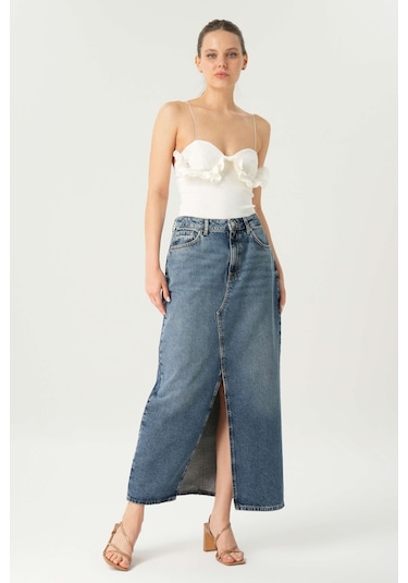 Orta Mavi Yüksek Bel Patı Fermuarlı Yırtmaçlı Maxi Jean Etek C 4532-048 Mavi