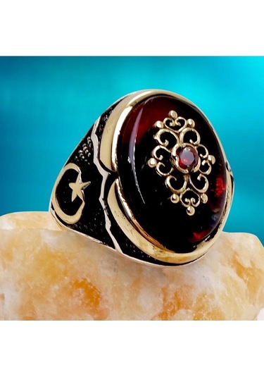 Vog Ay Yıldızlı Otantik Tasarım Kırmızı 925 Ayar Gümüş Erkek Yüzük