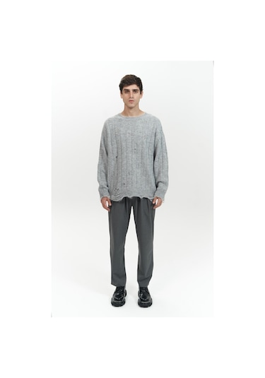 Vincent Yırtık Detay Gri Erkek Triko Kazak Gri