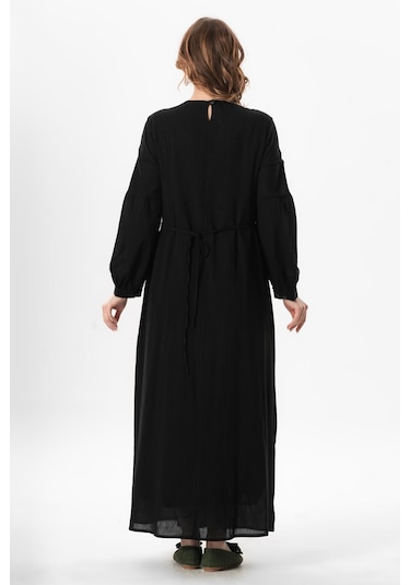 Uzun Kol Şile Bezi Gülşah Bisiklet Yaka Nakışlı Uzun Yazlık Elbise Siyah Syh Siyah