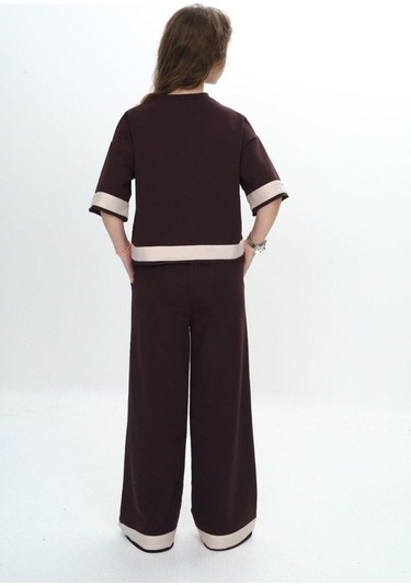 Kız Çocuk %100 Pamuk Kısa Kollu Garnili Truvakar Kol 2 İplik Alt&üst Eşofman Takımı-285-eşt-0011 Kahverengi