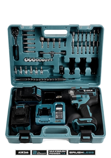 Assur ASR266 21V Çift Akülü Vidalama Matkap Darbeli Kömürsüz 700NM Somun Sökme Sıkma Mavi