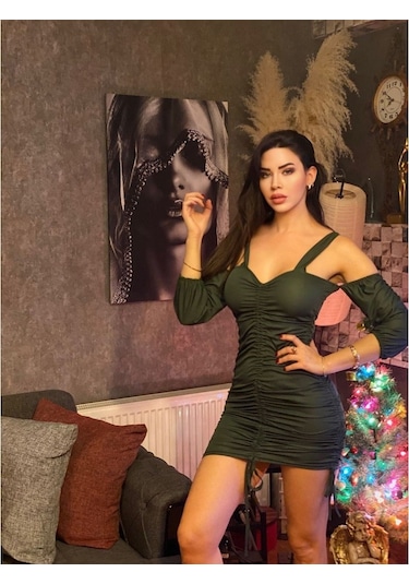 Büzgü Detaylı Kollu Kadın Mini Elbise