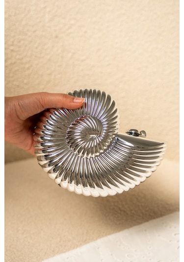 Laminta Salyangoz Detaylı Abiye Çanta - Silver Silver