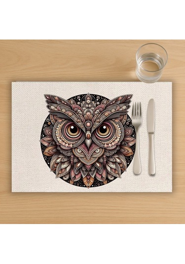 Renkli Baykuş Tasarımlı Amerikan Servis, Tabak Altlığı & Şık Masa Dekoru, Ev Hediyesi, 2 Adet Krem