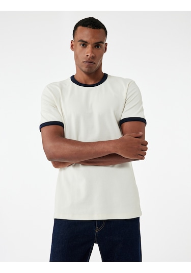 Koton Kısa Kollu Bisiklet Yaka Tok Kumaş Renk Kontrastlı Pamuklu Slim Fit Tişört Ekru 6wam10098hk Ekru