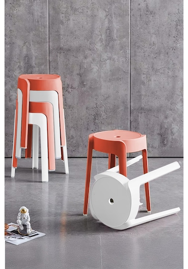 Kaymaz Ayaklı İçiçe Geçebilen Plastik Tabure 6 Adet-mercan Beyaz