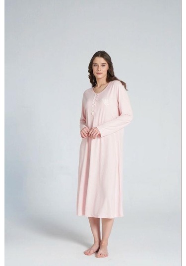Pijadore 1705 Melisa Kadın Uzun Kollu Düğmeli Uzun Gecelik Pembe