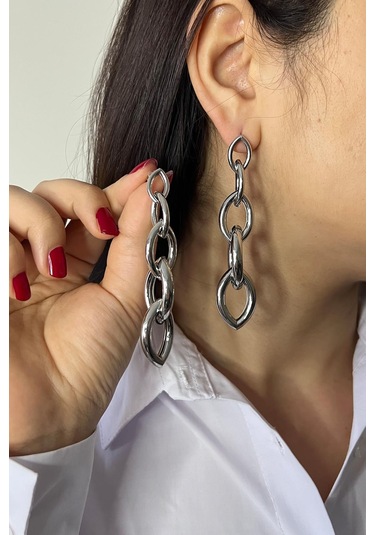 Silver İç İçe Geçmeli Elips Model Sallantılı Çelik Küpe Silver