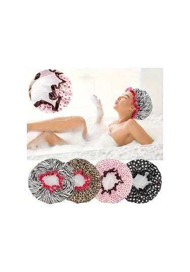 Elmpaly 4 Adet Çift Katlı Duş Bone - Zebra Leopar Nokta Çiçek Desenli Saç Koruyucu Diğer