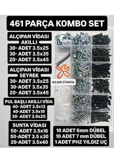 461 Parça Kombo Vida Seti Alçıpan Vidası Akıllı Vida Sunta Vidası Dübel Pul Seti 3,5x45