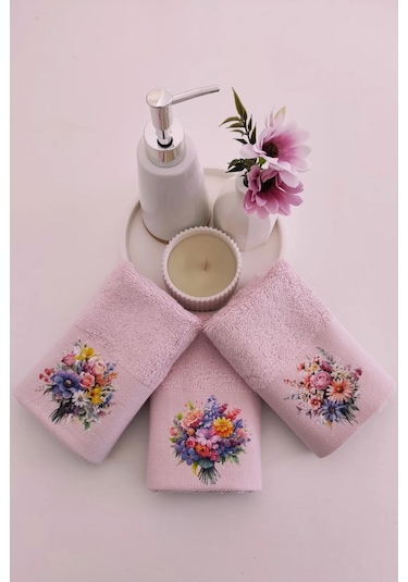 3'lü Çiçek Baskılı Bambu Havlu Takımı - Pembe El & Mutfak Havlusu Seti - Ekstra Yumuşak - 30x50 Cm Pembe