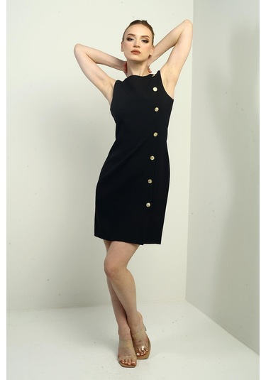 Kadın Kendinden Telalı Yan Düğmeli Kısa Elbise-40772 Siyah