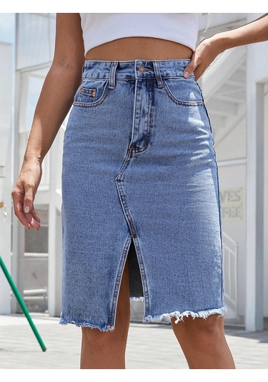 Qooth Kadın Casual Denim Kalem Etek Ins Cool Girl Midi Bölünmüş Hip Etek Qt2271 Mavi