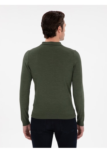 Cacharel Haki Slim Fit Yün Karışımlı Polo Yaka Basic Triko Kazak Yesıl