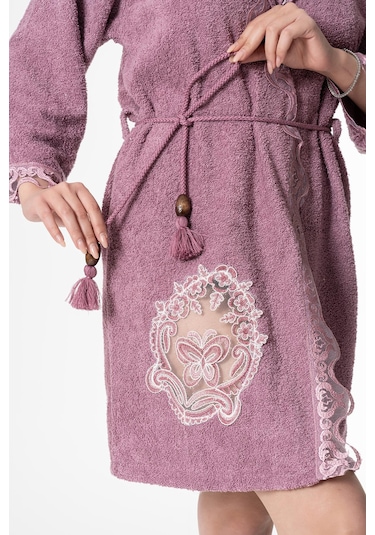 Kelebek Gelin Bornoz Set 5 Parça Dantelli Fantezi Çeyizlik Takım Mor