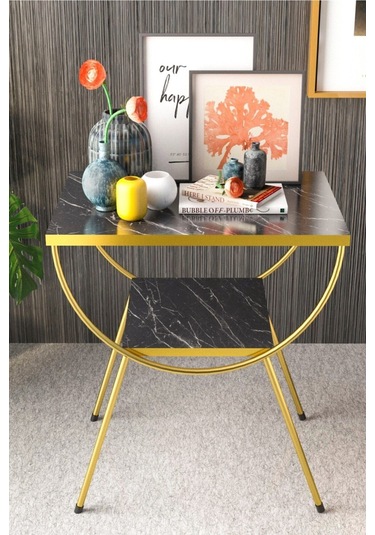 Yan Sehpa Komodin Metal Ayak Gold Bendir 1981 Siyah Mermer Desen