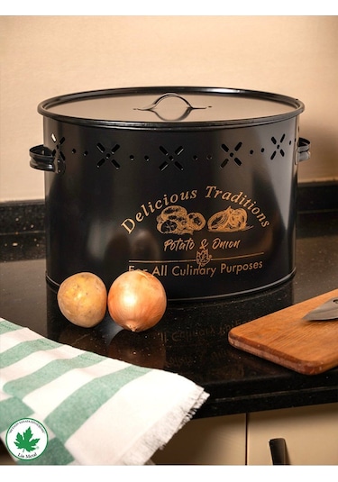 Lin Metal Büyük Boy Bölmeli Lüx Metal Patates Soğan Kovası - Siyah