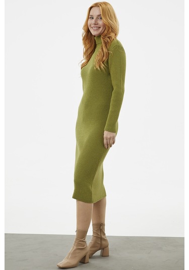 Tam Balıkçı Fitilli Midi Boy Triko Elbise - Yeşil 001