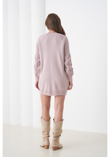 Kadın Kolları Uzun Kendinden Dokulu Bisiklet Yaka Tunik Boy Şık Kışlık Triko Büyük Beden Kazak Pembe