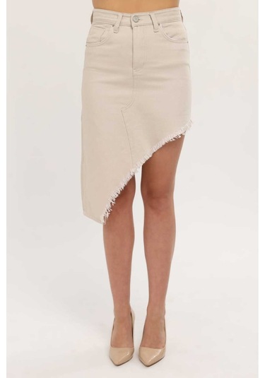 Shevega Kadın Bej Etek Püskül Asimetrik Kesim Keten Etek Bej