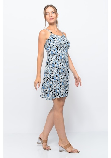 Kadın Askılı Desenli Büzgü Detaylı Yazlık Kısa Elbise 4429/95 001