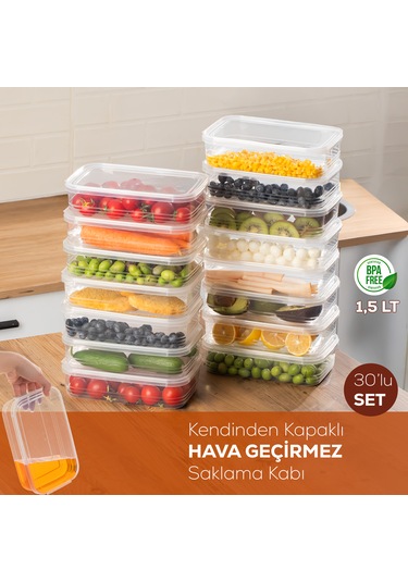 Porsima 4363-30 Kendinden Kapaklı Derin Dondurucuya Uygun 1,5 Lt 30 Adet Saklama Kabı Hava Almaz Düzenleyici Şeffaf
