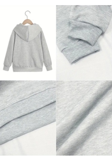 Kışlık Kapüşonlu Sweatshirt, Çocuk Çiçekler M Harfli Baskılı Gri