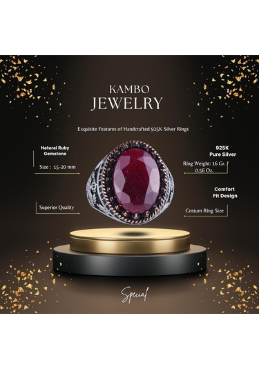 Gerçek Doğal Taş Yüzük - El Yapımı Kartal Yüzüğü - 925 Ayar Gümüş Yüzük Yakut Gümüş