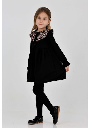 Bürümcük Kumaş Leopar Yaka Detaylı Kız Çocuk Elbise Siyah