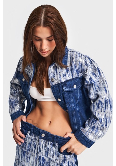 Kadın Mavi Renk 1w5-4 Oversize Pullu Özel Kumaş %100 Koton Tasarım Denim Ceket