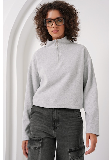Bigdart 55449 Fermuarlı Yaka Örme Sweatshirt - Gri