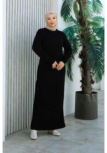 Brc2440siyah-bisiklet Yaka Örme Triko Elbise Siyah