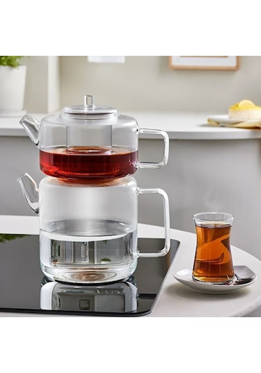 Borosilikat Cam Çaydalık Takımı 1,8+1,1 Litre Beyaz
