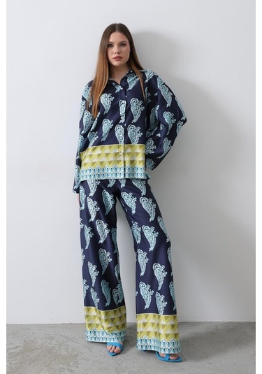 Desenli Saten Bol Takım - İndigo İndigo