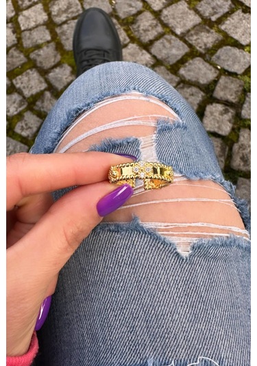 Marka Model Zirkon Çiçek Desenli Gold Yüzük - Ayarlanabilir Gold