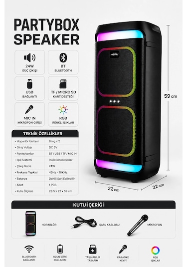 Hepu Hp-986 24w Taşınabilir Partybox Hoparlör - Çift 8" Speaker Işıklı, Mikrofonlu, Tws Destekli Ses
