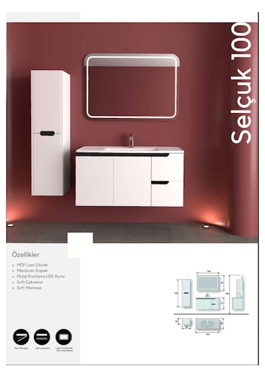 Evros Selçuk Banyo Dolabı 100 Cm Boy Dolabı Dahil Beyaz