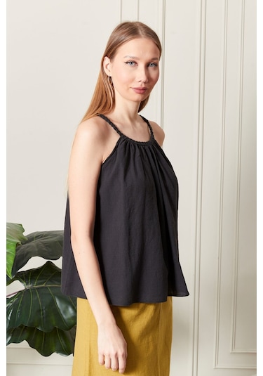 Şık Farklı Tarz Keten Işıl Bluz - Zarif Ve Modern Tasarım Siyah