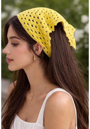 Kadın El Örgüsü Üçgen Bandana Saç Aksesuarı Sarı