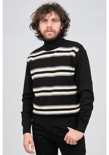 Mısırlı Erkek Tam Balıkçı Çizgili Yün Kazak 3869077 Siyah Siyah